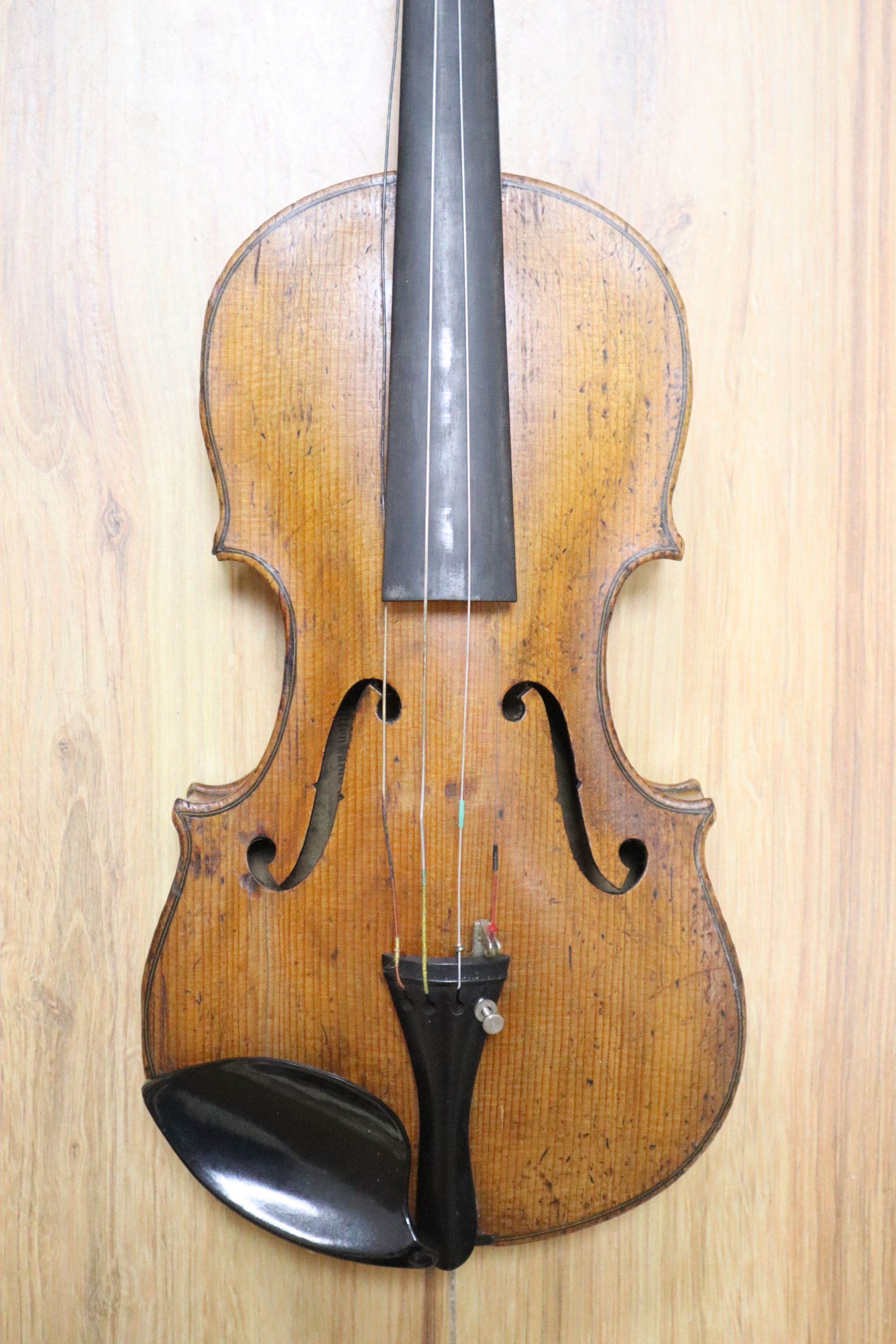 A 3/4 size violin, stamped Klotz, cased, length 52cm